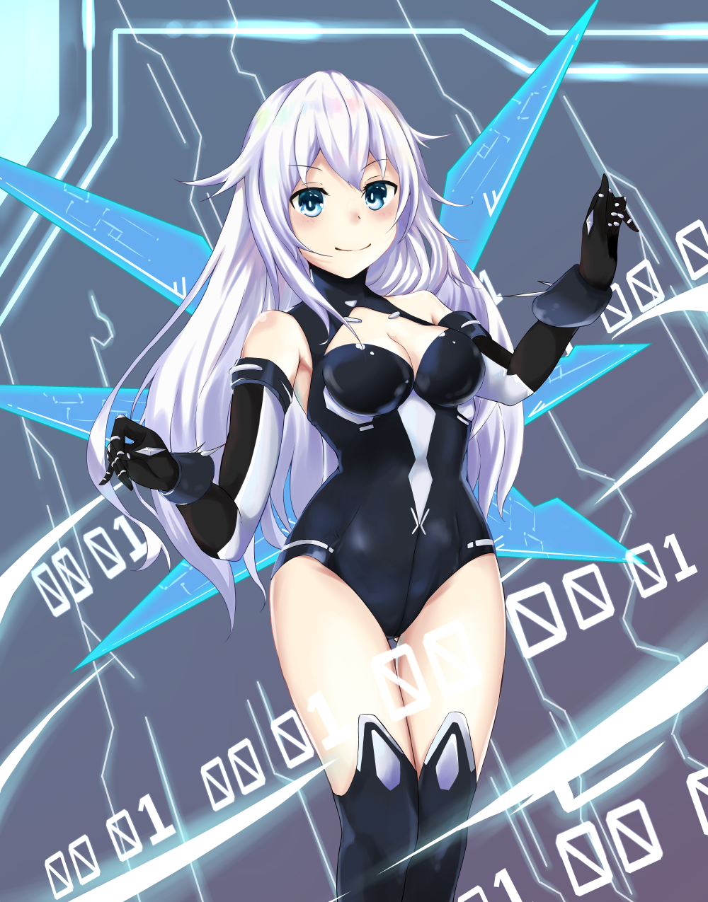 1girl aqua_eyes bare_shoulders black_heart breasts cleavage cleavage_cutout elbow_gloves gloves halterneck highres leotard long_hair neptune_(series) power_symbol symbol-shaped_pupils very_long_hair white_hair