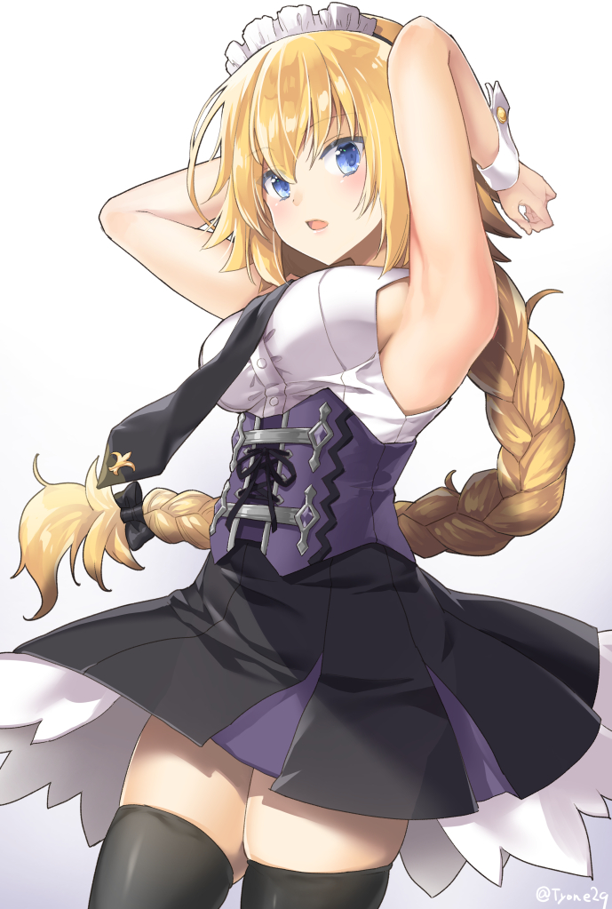 1girl arms_up bangs black_bow black_neckwear black_skirt blonde_hair blue_eyes blush bow braid breasts commentary_request dress_shirt eyebrows_visible_through_hair fate/apocrypha fate/grand_order fate_(series) gradient gradient_background grey_background hair_between_eyes hair_bow jeanne_d'arc_(fate) jeanne_d'arc_(fate)_(all) large_breasts long_hair looking_at_viewer maid_headdress necktie open_mouth pleated_skirt shirt sidelocks skirt sleeveless sleeveless_shirt solo twitter_username underbust very_long_hair white_background white_shirt wrist_cuffs yyo