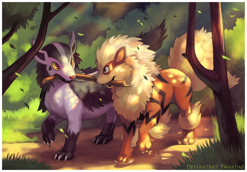 arcanine bush claws commentary commission creature deviantart_username dog eye_contact fangs grass grey_eyes looking_at_another mightyena mouth_hold no_humans outdoors pokemon pokemon_(creature) pokemon_(game) pokemon_rgby pokemon_rse red_eyes road sharp_teeth signature smile stick teeth tree twarda8 walking yellow_sclera