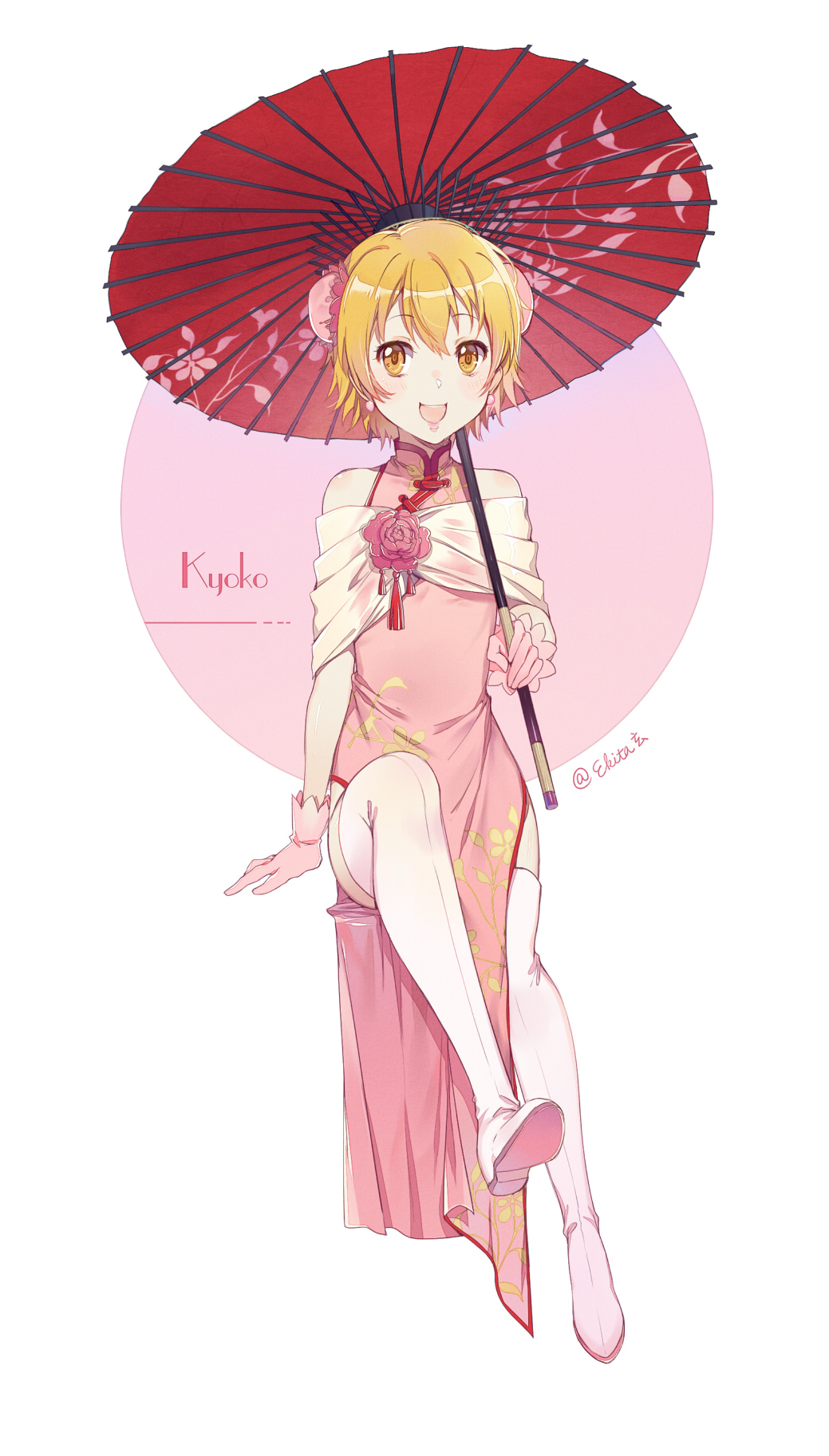 1girl :d bangs blonde_hair blush boots brown_eyes bun_cover character_name china_dress chinese_clothes double_bun dress ekita_xuan eyebrows_visible_through_hair flower full_body gloves highres holding holding_umbrella invisible_chair katekyo_hitman_reborn open_mouth oriental_umbrella pink_gloves red_flower red_rose rose sasagawa_kyouko short_hair sitting smile solo standing thigh-highs thigh_boots twitter_username umbrella white_footwear