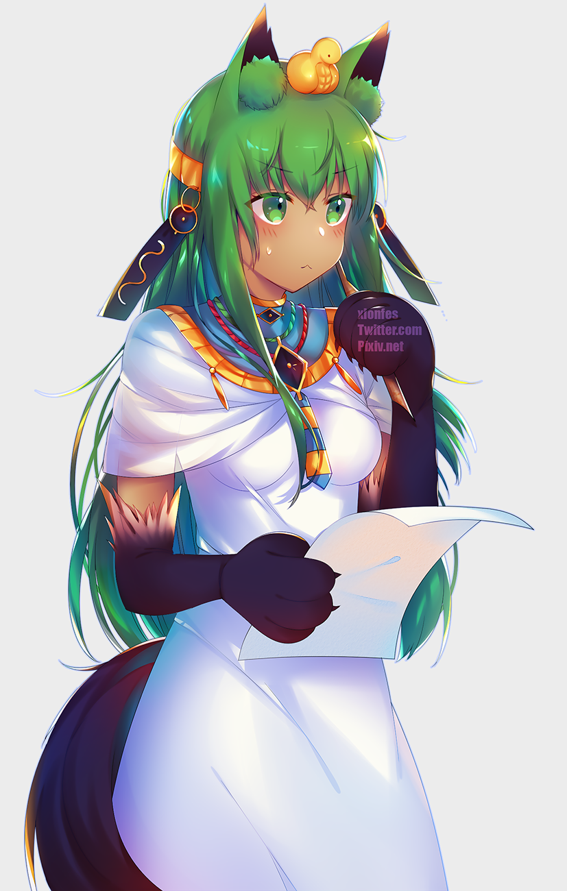 1girl :&lt; animal_ears anubis_(monster_girl_encyclopedia) blush commentary_request dark_skin egyptian_clothes eyebrows_visible_through_hair eyes_visible_through_hair green_eyes green_hair grey_background hair_ornament highres holding holding_paper jackal_ears jackal_tail jewelry long_hair looking_away monster_girl monster_girl_encyclopedia paper paws robe simple_background solo sweatdrop tail very_long_hair watermark white_robe xionfes