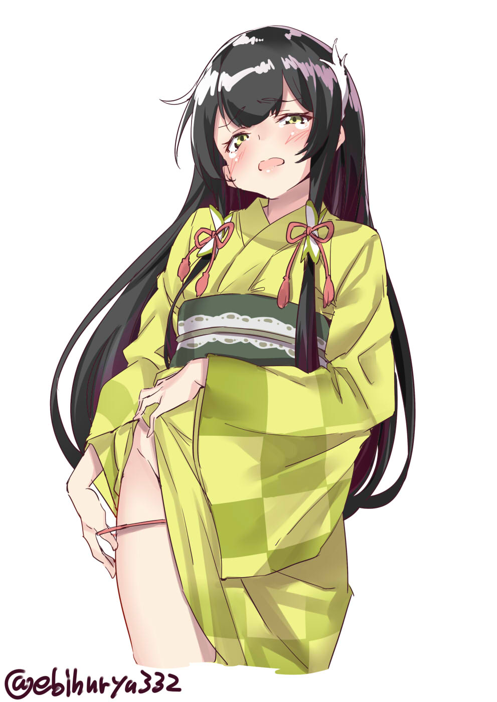 1girl bangs black_hair blush closed_eyes clothes_lift cropped_legs ebifurya green_kimono groin highres japanese_clothes kantai_collection kimono kimono_lift lifted_by_self lips long_hair long_sleeves looking_at_viewer mizuho_(kantai_collection) multicolored_hair obi open_mouth panties purple_hair red_panties red_ribbon ribbon sash simple_background solo standing tassel tearing_up tears thighs twitter_username two-tone_hair underwear very_long_hair white_background wide_sleeves