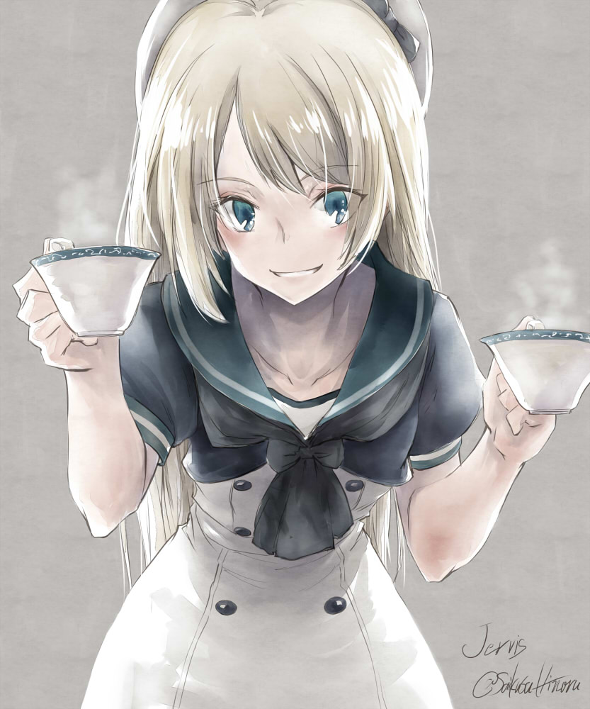 1girl artist_name blonde_hair blue_eyes blue_sailor_collar cup dress gloves grey_background hat hinoru_saikusa jervis_(kantai_collection) kantai_collection leaning_forward long_hair looking_at_viewer sailor_collar sailor_dress short_sleeves simple_background solo steam teacup twitter_username white_gloves white_hat