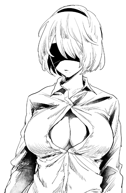 1girl arms_at_sides bangs black_blindfold black_hairband blindfold breasts buttons cleavage collarbone collared_shirt covered_eyes dress_shirt hairband large_breasts long_sleeves mellow_rag mole mole_under_mouth monochrome nier_(series) nier_automata no_bra shirt short_hair simple_background solo unbuttoned unbuttoned_shirt upper_body white_background white_shirt wing_collar yorha_no._2_type_b