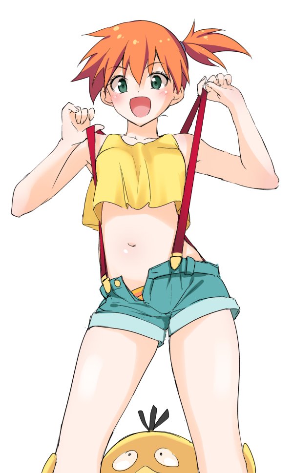 1girl denim denim_shorts green_eyes gym_leader kasumi_(pokemon) misu_kasumi navel open_fly orange_hair orange_panties panties pokemon pokemon_(anime) pokemon_(creature) psyduck short_shorts shorts side_ponytail smile suspenders underwear