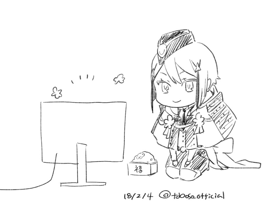 1boy chibi computer dated garrison_cap greyscale hat hyuuga_masamune male_focus monitor monochrome seiza setsubun shorts simple_background sitting sketch smile solo tassel toboso_yana touken_ranbu twitter_username white_background