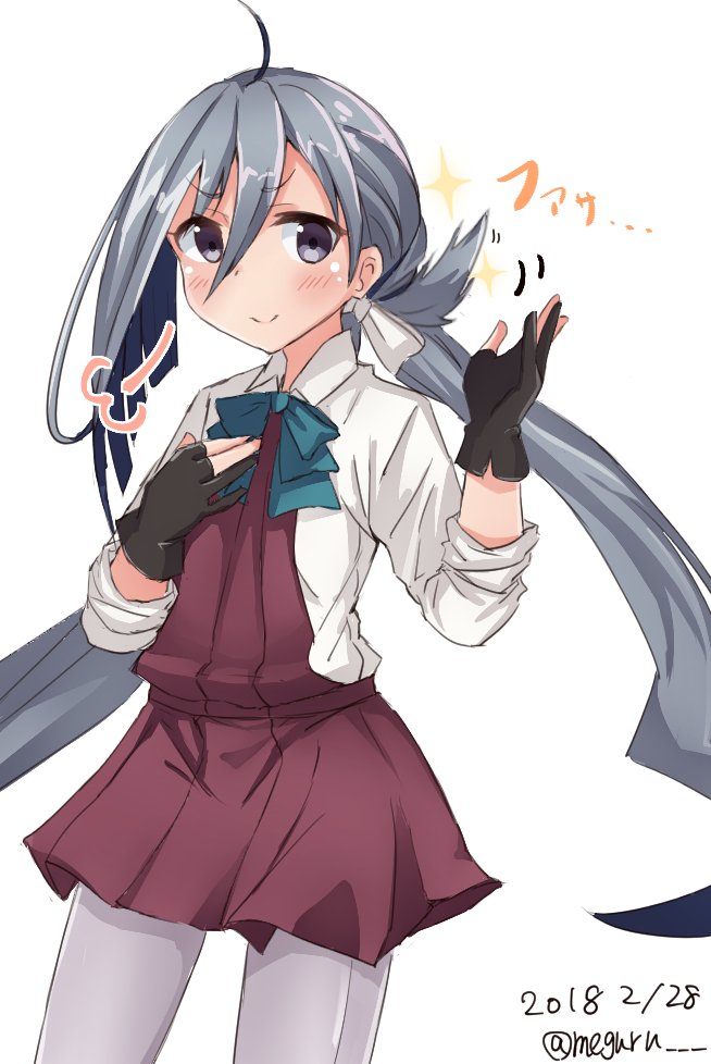 1girl ahoge bow bowtie cowboy_shot dated gloves grey_eyes grey_hair grey_legwear hair_between_eyes hair_bun halterneck kantai_collection kiyoshimo_(kantai_collection) long_hair looking_at_viewer low_twintails meguru_(megurunn) pantyhose partly_fingerless_gloves school_uniform shirt simple_background smug solo twintails twitter_username very_long_hair white_background white_shirt