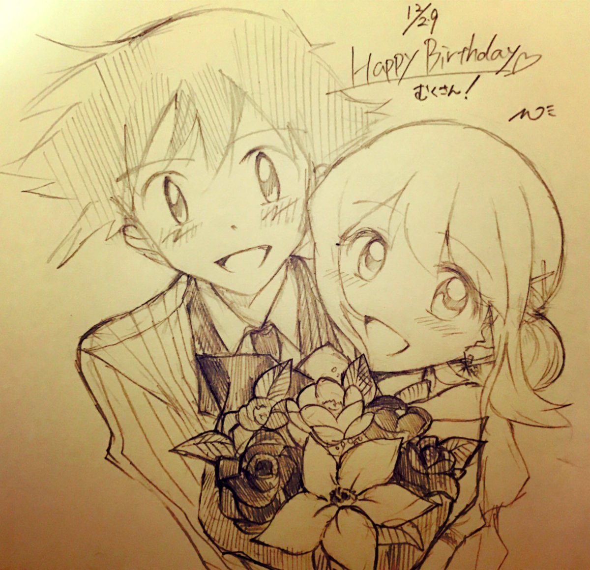 1boy 1girl blush bouquet flower formal happy_birthday haruka_(pokemon) looking_at_viewer mao no_hat no_headwear pokemon pokemon_(game) satoshi_(pokemon) simple_background sketch upper_body