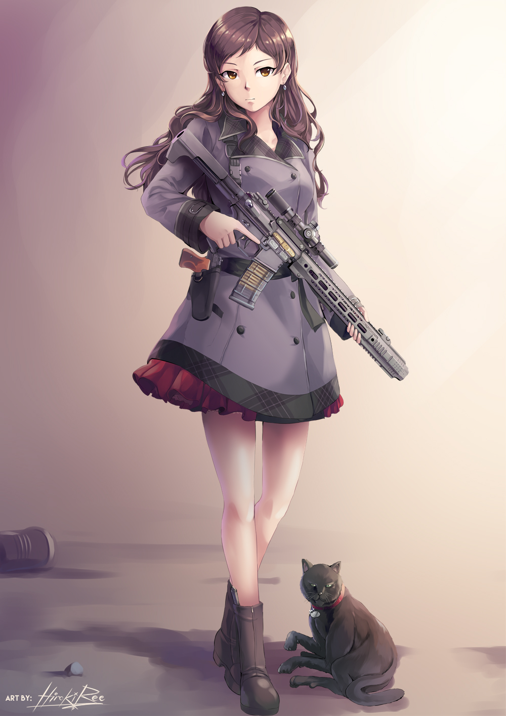 1girl animal ar-15 artist_name black_cat boots brown_eyes brown_footwear brown_hair cat closed_mouth cup double-breasted earrings expressionless full_body gradient gradient_background grey_coat gun handgun highres hiroki_ree holding holding_gun holding_weapon holster idolmaster idolmaster_million_live! jewelry kitazawa_shiho knee_boots long_hair long_sleeves looking_at_viewer petticoat pistol red_skirt rifle shiny shiny_hair signature skirt solo trigger_discipline weapon