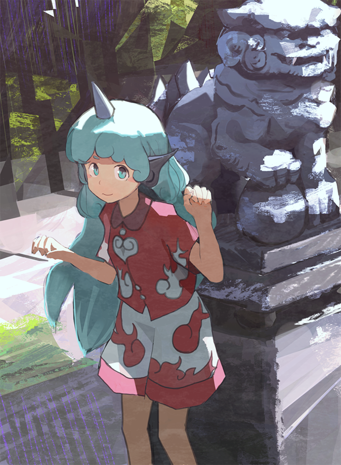 1girl aqua_eyes aqua_hair backlighting bangs blush_stickers clenched_hands closed_mouth cloud_print collared_shirt curly_hair day eyebrows hands_up heart horn kariyushi_shirt komainu komano_aun long_hair looking_at_viewer looking_up outdoors paw_pose print_shirt print_shorts red_shirt saltlaver shirt short_sleeves shorts smile standing statue sunlight touhou very_long_hair white_shorts