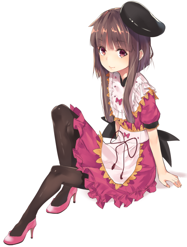 1girl apron asuzemu black_hat black_legwear bow brown_hair dress frills full_body hat high_heels looking_at_viewer nishida_satono pantyhose pink_footwear pumps purple_dress ribbon shoes short_hair short_hair_with_long_locks simple_background sitting solo tate_eboshi touhou violet_eyes waist_apron white_background