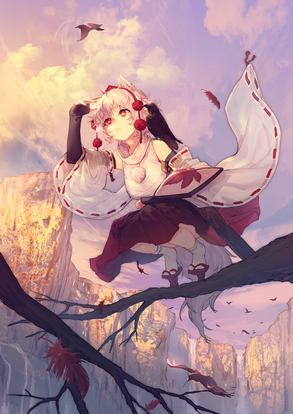 1girl animal_ears bare_shoulders bird black_gloves branch breasts cliff clouds commentary_request crow detached_sleeves elbow_gloves feathers fingerless_gloves geta gloves hat highres inubashiri_momiji large_breasts long_sleeves outdoors parted_lips pom_pom_(clothes) red_eyes red_footwear red_skirt sheath shield shirt short_hair skirt sky sleeveless sleeveless_shirt socks solo squatting sunset tail tassel tengu-geta tokin_hat touhou uu_uu_zan water waterfall white_hair white_legwear white_shirt wide_sleeves wolf_ears wolf_tail