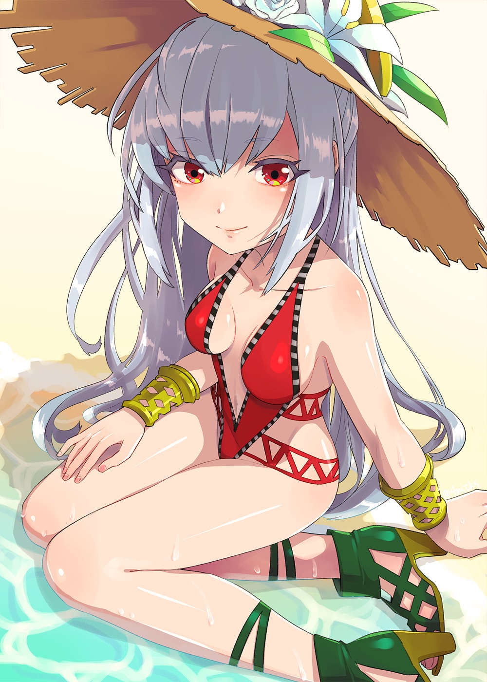 1girl bangs bare_shoulders beach breasts cleavage closed_mouth commentary_request eyebrows_visible_through_hair hair_between_eyes hat highres long_hair looking_at_viewer puzzle_&amp;_dragons red_eyes sekito silver_hair solo sun_hat swimsuit urd_(p&amp;d)