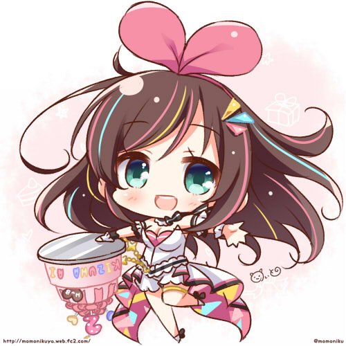 1girl a.i._channel birthday blue_eyes breasts brown_hair cake chibi cleavage food hairband kizuna_ai leg_up long_hair looking_at_viewer lowres momoniku_(taretare-13) multicolored_hair outstretched_arms simple_background sleeveless smile solo streaked_hair twitter_username upside-down