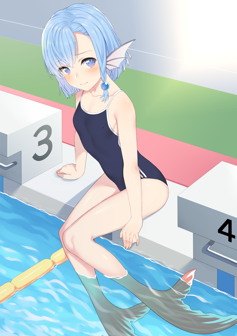 1girl bare_shoulders blue_eyes blue_hair blush commentary_request hair_bead head_fins highres looking_at_viewer mermaid monster_girl one-piece_swimsuit original pool sitting smile solo swimsuit takunomi water webbed_hands