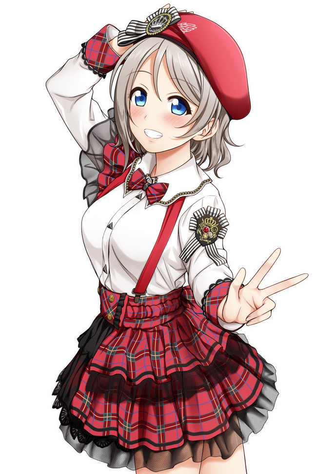 1girl arm_up bangs beret blue_eyes bow bowtie breasts cowboy_shot genki_zenkai_day!_day!_day! grey_hair hat looking_at_viewer love_live! love_live!_sunshine!! medium_breasts short_hair simple_background smile solo suspenders suzume_miku v watanabe_you white_background