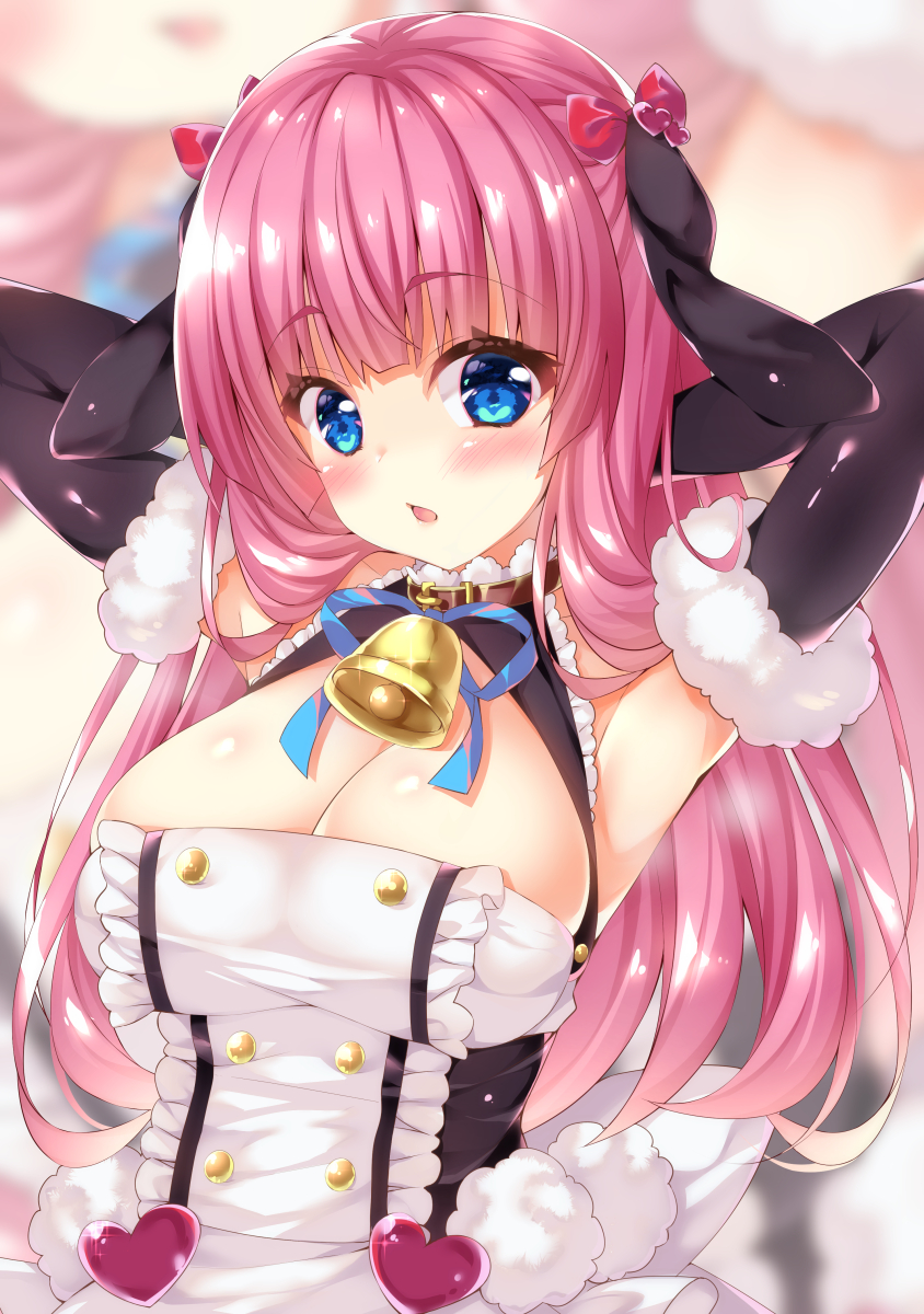 1girl animal_ears apron azur_lane bangs bell black_dress black_gloves blue_eyes blue_ribbon blurry blurry_background blush bow breasts cleavage cleavage_cutout commentary_request depth_of_field dress elbow_gloves eyebrows_visible_through_hair fur-trimmed_gloves fur_trim gloves hair_bow hair_ornament heart heart_hair_ornament highres large_breasts long_hair looking_at_viewer maid ooji_cha parted_lips pink_hair red_bow ribbon solo suffolk_(azur_lane) waist_apron white_apron