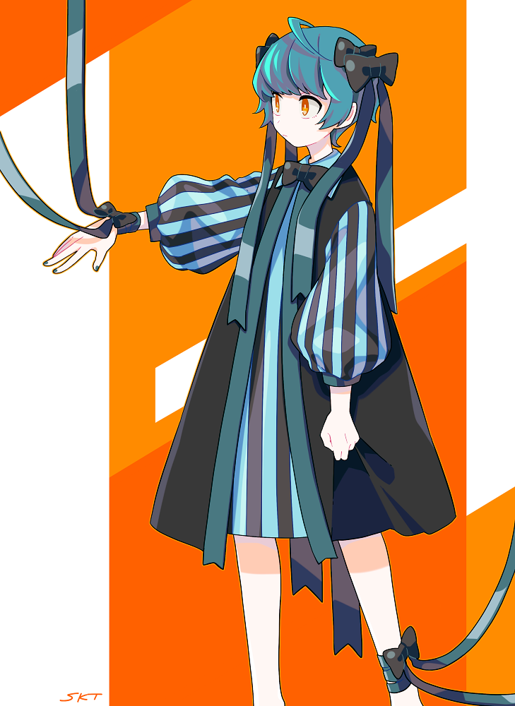 1girl bangs bow closed_mouth commentary_request feet_out_of_frame green_hair hair_bow hand_up orange_eyes original ribbon sekito short_hair solo standing