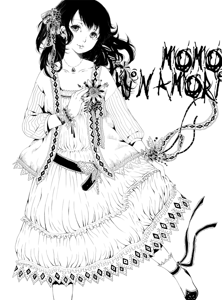 1girl alternate_costume alternate_hairstyle ankle_ribbon bent_elbow black_hair bleach bracelet character_name dress eyelashes flower hair_flower hair_ornament hair_ribbon happy head_tilt hinamori_momo jewelry lips long_dress long_sleeves looking_at_viewer monochrome necklace ribbon rose shinigami shoes smile solo standing standing_on_one_leg sunflower yangyieva