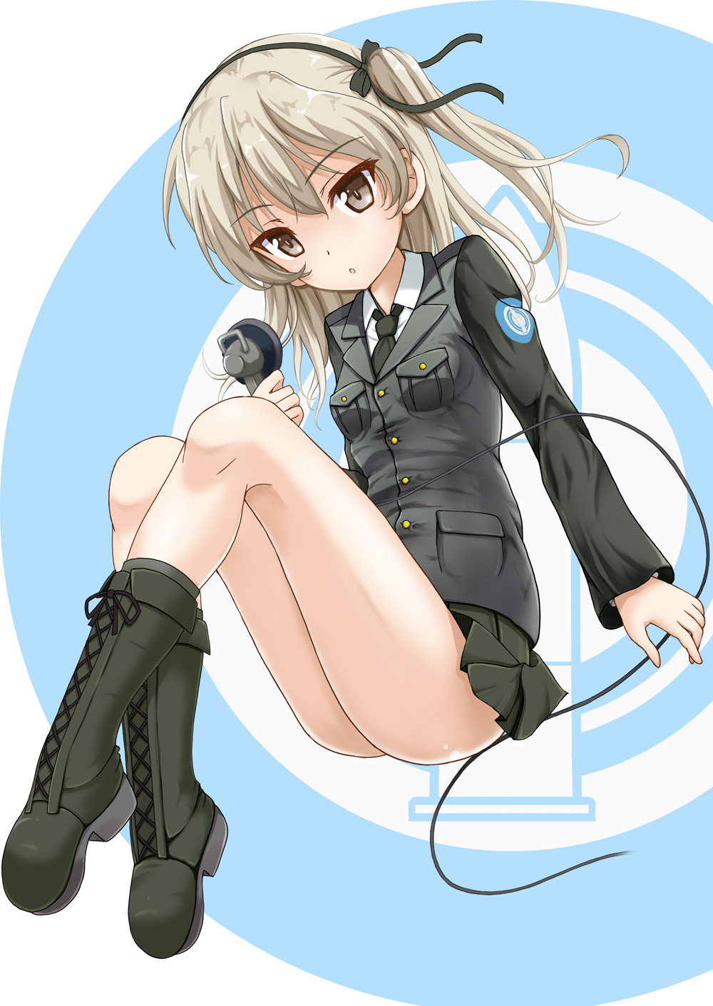 1girl bangs black_footwear black_jacket black_neckwear black_ribbon black_skirt boots commentary_request cross-laced_footwear dress_shirt emblem flipper full_body girls_und_panzer hair_ribbon highres invisible_chair jacket lace-up_boots legs light_brown_eyes light_brown_hair long_hair long_sleeves looking_at_viewer military military_uniform miniskirt necktie parted_lips pleated_skirt ribbon selection_university_(emblem) selection_university_military_uniform shimada_arisu shirt side_ponytail sitting skirt solo uniform white_shirt