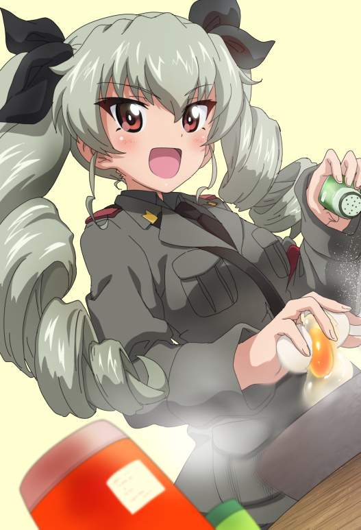 1girl :d anchovy anzio_military_uniform bangs belt black_neckwear black_ribbon black_shirt blurry blurry_background commentary_request cookie cracked_egg dress_shirt drill_hair dutch_angle egg eyebrows_visible_through_hair food girls_und_panzer green_background green_hair grey_jacket hair_ribbon holding holding_food jacket kanau long_hair long_sleeves looking_at_viewer military military_uniform necktie open_mouth red_eyes ribbon sam_browne_belt shaker shirt simple_background skillet smile solo twin_drills twintails uniform upper_body wing_collar