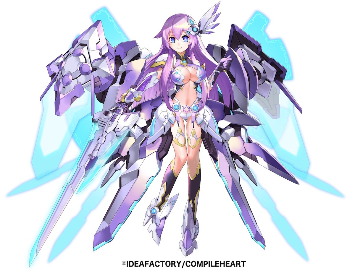 1girl bangs blue_eyes breasts commentary company_connection copyright_name eyebrows_visible_through_hair full_body hair_ornament holding holding_weapon large_breasts long_hair nepgear nepnep_connect:_chaos_chanpuru neptune_(series) purple_hair purple_sister simple_background solo tsunako weapon white_background wings