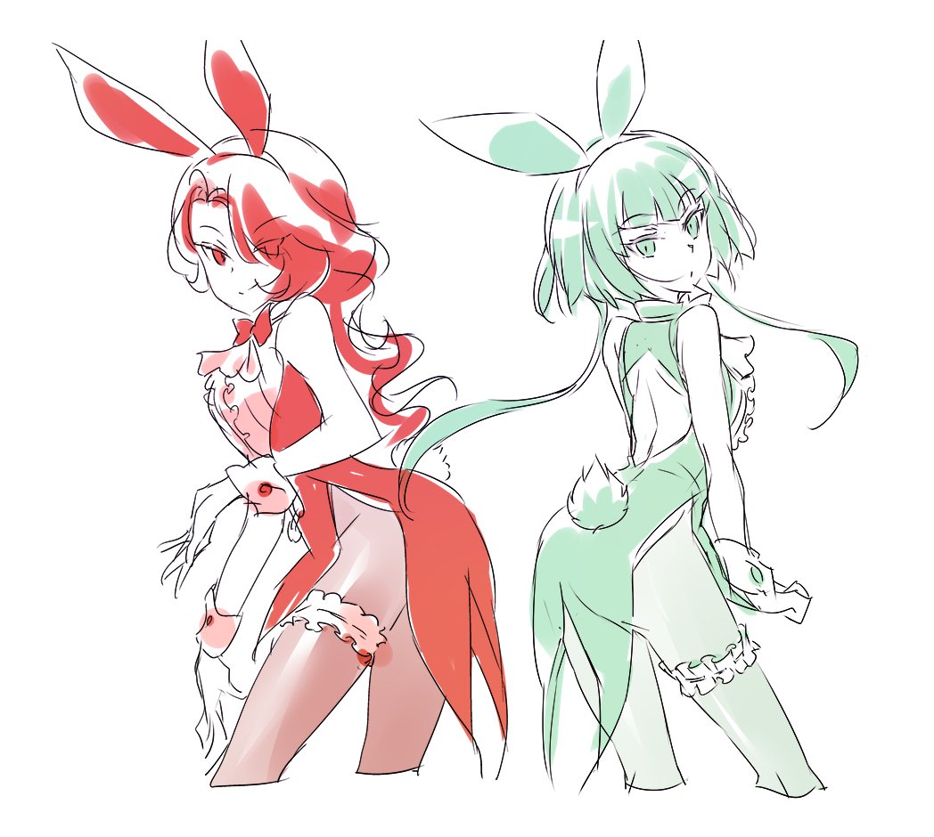 2girls animal_ears bunny_girl bunny_tail cinder_fall commentary cravat emerald_sustrai garters iesupa looking_back multiple_girls pantyhose rabbit_ears rwby tail wrist_cuffs