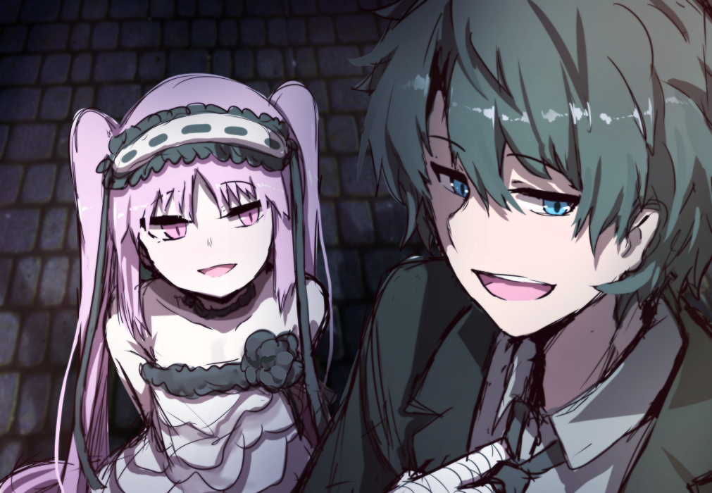 1boy 1girl :d bandage bandaged_hands bangs bare_shoulders black_jacket black_neckwear blue_eyes character_request collared_shirt dress eyebrows_visible_through_hair fate/grand_order fate/hollow_ataraxia fate_(series) formal green_hair grey_shirt hair_between_eyes hairband jacket lolita_hairband long_hair open_mouth pink_eyes pink_hair shirt sketch smile stheno strapless strapless_dress suit twintails upper_teeth very_long_hair wadakazu white_dress