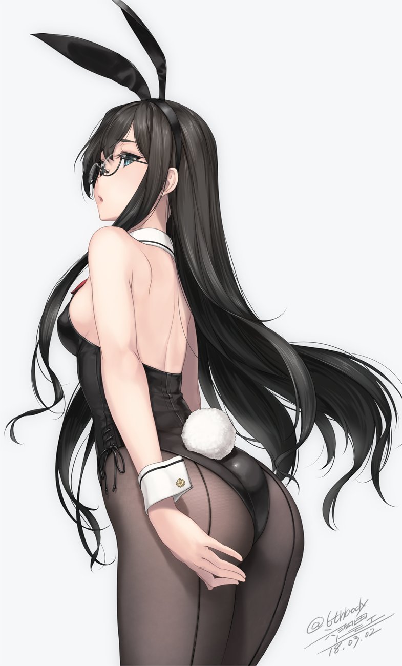 1girl animal_ears artist_name ass bare_shoulders black-framed_eyewear black_hair blue_eyes breasts brown_legwear bunny_girl bunny_tail bunnysuit cowboy_shot dated fake_animal_ears from_behind glasses grey_background hairband highres kantai_collection leaning_forward leotard long_hair ooyodo_(kantai_collection) pantyhose rabbit_ears rokuwata_tomoe semi-rimless_eyewear sideboob sidelocks simple_background small_breasts solo tail under-rim_eyewear