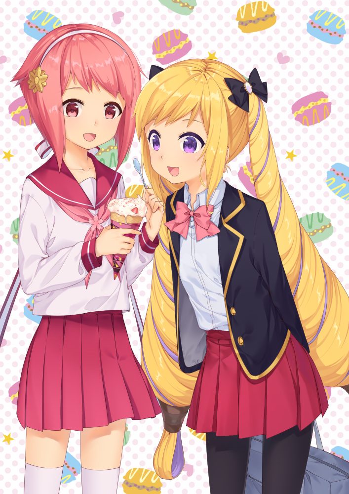 2girls :d alternate_costume bag black_bow black_jacket black_legwear blazer blush bow bowtie elise_(fire_emblem_if) fire_emblem food food_themed_background hair_bow hair_ornament heart holding holding_food holding_spoon ice_cream_cone jacket long_hair long_sleeves low-tied_long_hair macaron multicolored_hair multiple_girls neckerchief open_clothes open_jacket open_mouth pantyhose pink_bow pink_eyes pink_hair pink_neckwear pleated_skirt polka_dot polka_dot_background purple_hair red_sailor_collar red_skirt sailor_collar sakura_(fire_emblem_if) school_bag school_uniform serafuku shirt short_hair skirt smile star tareme thigh-highs transistor twintails two-tone_hair very_long_hair violet_eyes white_legwear white_shirt zettai_ryouiki