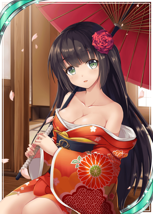 1girl age_progression akkijin bare_shoulders breasts brown_hair card_(medium) cherry_blossoms floral_print flower green_eyes hair_flower hair_ornament holding holding_umbrella indoors japanese_clothes kimono medium_breasts official_art oriental_umbrella print_kimono red_umbrella seiza shinkai_no_valkyrie sitting solo umbrella