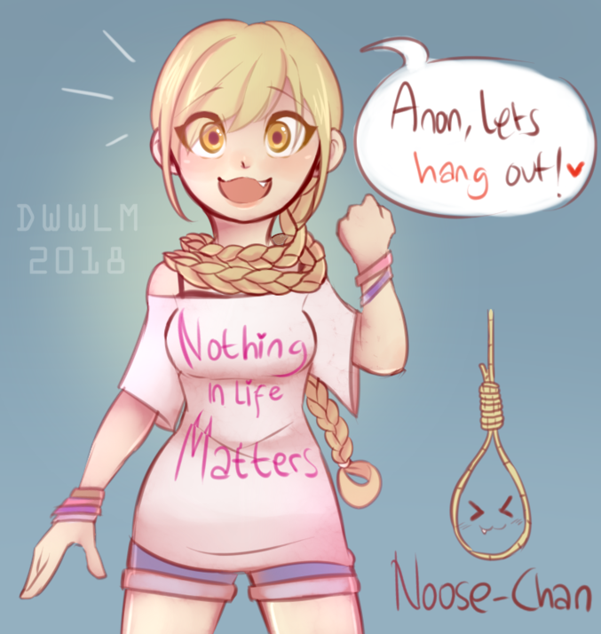 &gt;_&lt; :3 artist_request bangles blonde_hair blush braid dark fang happy long_hair noose noose-chan original personification ponytail shorts speech_bubble yellow_eyes