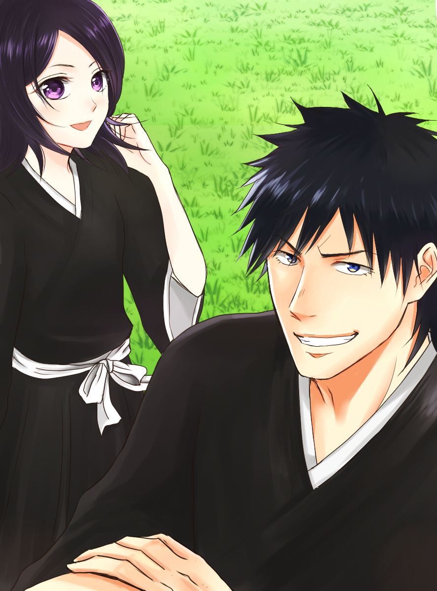 1boy 1girl :d black_hair black_kimono bleach blue_eyes commentary commentary_request crossed_arms grass hair_between_eyes happy highres japanese_clothes kimono kuchiki_rukia looking_at_viewer medium_hair okome_(haku_maimai) open_mouth outdoors shiba_kaien smile violet_eyes