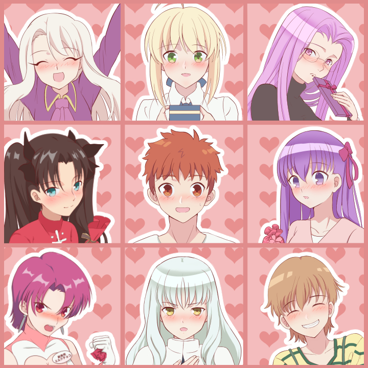 1boy 6+girls ahoge anime_coloring artoria_pendragon_(all) bazett_fraga_mcremitz black_hair blonde_hair blue_eyes blue_ribbon blush caren_hortensia emiya-san_chi_no_kyou_no_gohan emiya_shirou fate/hollow_ataraxia fate/stay_night fate_(series) fujimura_taiga green_eyes hair_ribbon heart heart_background illyasviel_von_einzbern incoming_gift long_hair matou_sakura moto_(otemoto02) multiple_girls open_mouth orange_eyes parody patterned_background pink_background pink_border purple_hair red_eyes ribbon rider saber short_hair sidelocks silver_hair simple_background style_parody tohsaka_rin turtleneck valentine violet_eyes yellow_eyes