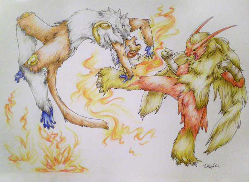 battle blaziken claws clenched_hands commentary commission endivinity eye_contact fire grey_background infernape jumping kicking looking_at_another no_humans open_mouth pokemon pokemon_(creature) pokemon_(game) pokemon_dppt pokemon_rse realistic sharp_teeth signature simple_background standing standing_on_one_leg tail teeth traditional_media