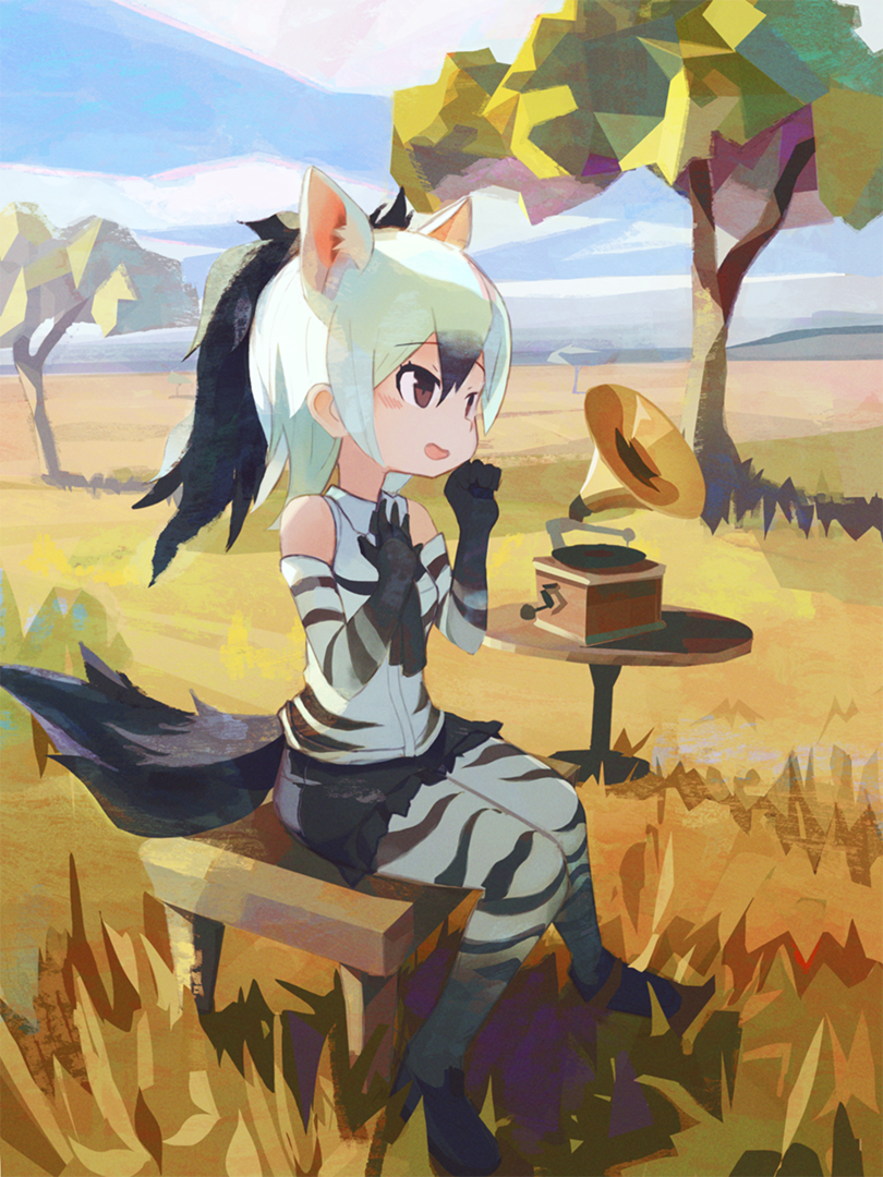 :d aardwolf_(kemono_friends) aardwolf_ears aardwolf_tail animal_ears animal_print backlighting bare_shoulders black_footwear black_gloves black_hair black_legwear black_neckwear black_shorts blue_sky blush brown_eyes clenched_hand clouds collared_shirt day elbow_gloves extra_ears eyebrows_visible_through_hair full_body gloves gradient_gloves gradient_hair gradient_legwear grass hair_between_eyes hand_on_own_chest hands_up high_ponytail horizontal-striped_legwear horizontal-striped_shirt horizontal_stripes kemono_friends knees_together_feet_apart long_hair looking_away multicolored multicolored_clothes multicolored_gloves multicolored_hair multicolored_legwear music necktie official_style open_mouth outdoors phonograph ponytail print_gloves print_legwear print_shirt saltlaver savannah shadow shirt shoes short_shorts shorts sidelocks singing sitting sky sleeveless sleeveless_shirt smile striped striped_gloves striped_legwear striped_shirt sunlight tail tatsuki_(irodori)_(style) tree tsurime two-tone_gloves two-tone_hair two-tone_legwear white_gloves white_hair white_legwear white_shirt