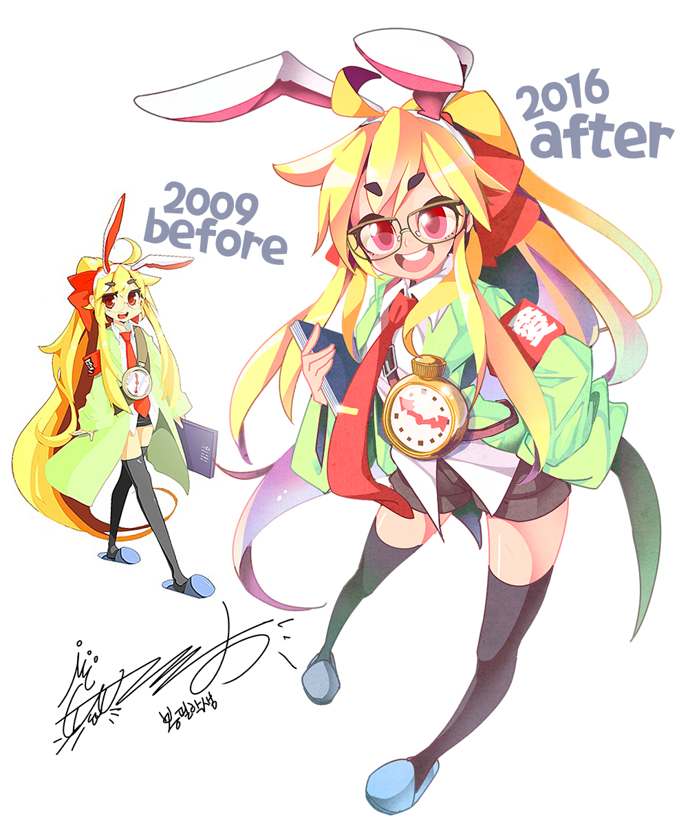 1girl 2009 2016 ahoge animal_ears armband black_legwear blonde_hair blush bongfill book comparison eyebrows_visible_through_hair fake_animal_ears hairband highres holding holding_book long_hair looking_at_viewer necktie open_mouth original pocket_watch rabbit_ears red_eyes red_neckwear signature smile teeth thigh-highs tie_clip watch