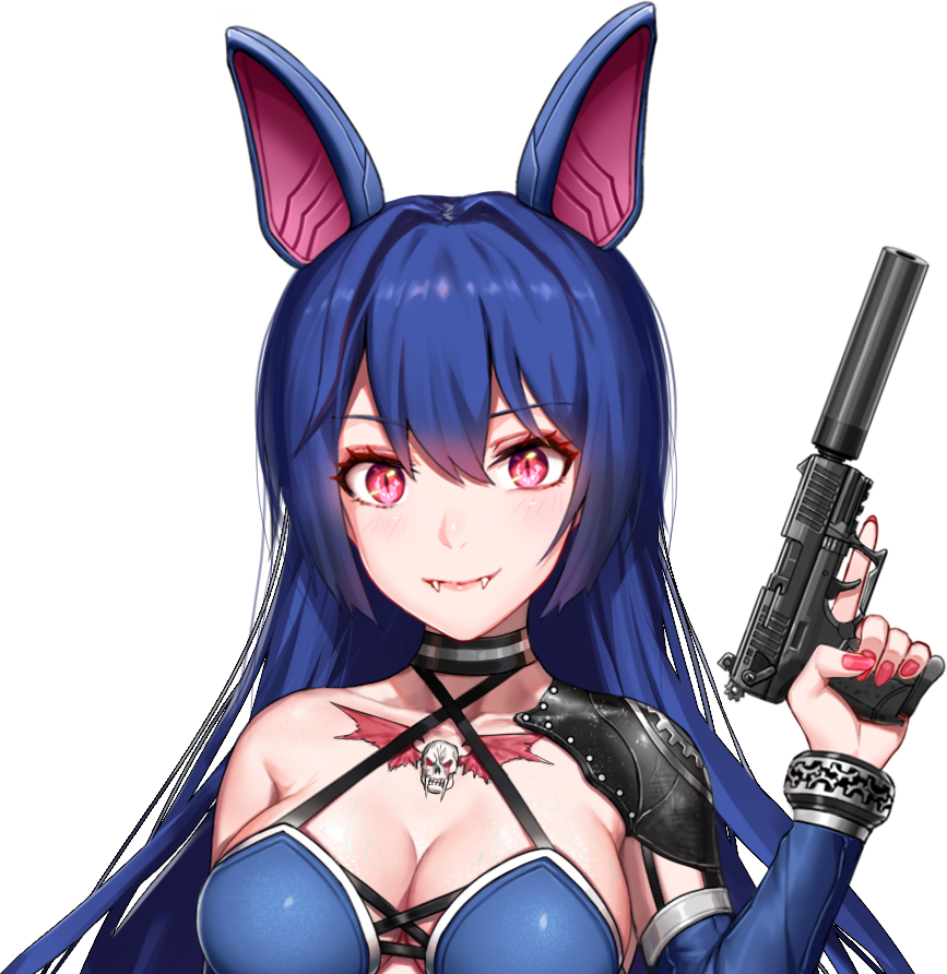 1girl animal_ears arm_at_side bangs barcode barcode_tattoo bat_ears belt_buckle belt_pouch black_footwear black_panties blue_belt blue_hair boots bracelet breasts brown_legwear buckle chains claw_(weapon) cleavage closed_mouth collarbone commentary_request corset criss-cross_halter detached_sleeves eyebrows_visible_through_hair fake_animal_ears fangs greem_bang gun hair_between_eyes hair_intakes halterneck handgun jewelry large_breasts legs_crossed long_hair looking_at_viewer nail_polish original panties pink_eyes red_nails shiny shiny_hair shiny_skin sidelocks simple_background single_bare_shoulder single_spaulder skindentation smile solo spaulders standing suppressor tattoo trigger_discipline underwear veiny_breasts very_long_hair walther_p22 watson_cross weapon white_background