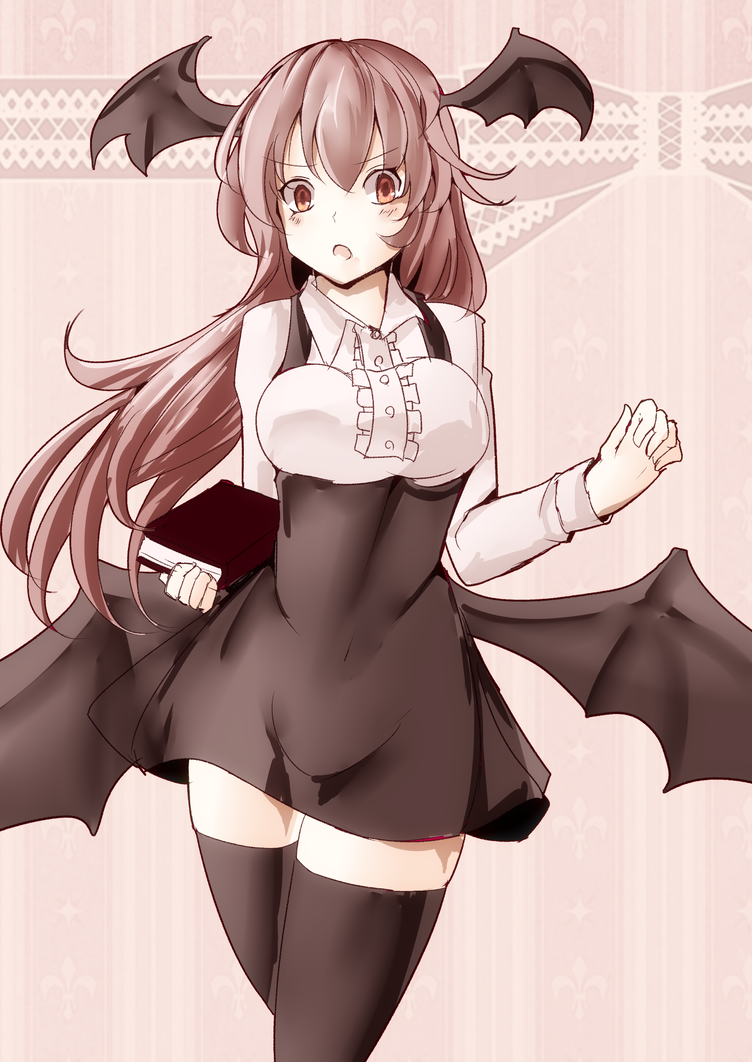&gt;:o 1girl :o bat_wings black_dress black_legwear blush book breasts collared_shirt covered_navel cowboy_shot dress dress_shirt head_wings holding holding_book jyaoh0731 koakuma long_hair long_sleeves looking_at_viewer low_wings muted_color pink_background red_eyes redhead shirt simple_background solo taut_clothes taut_dress thigh-highs touhou underbust v-shaped_eyebrows white_shirt wings zettai_ryouiki