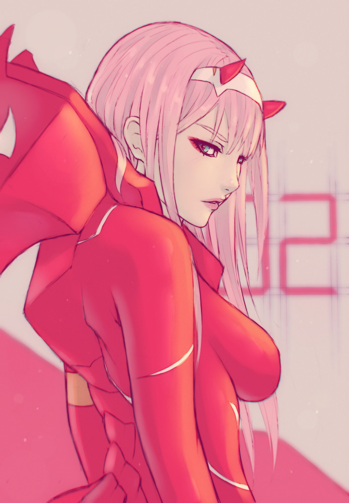 aqua_eyes bangs bodysuit breasts darling_in_the_franxx eyeshadow from_side frown hairband horns long_hair looking_at_viewer makeup medium_breasts pilot_suit pink_hair red_bodysuit soranamae straight_hair white_hairband zero_two_(darling_in_the_franxx)