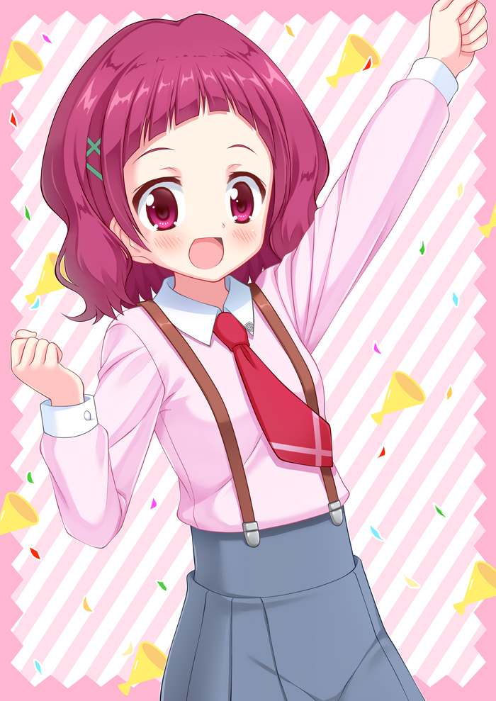 1girl :d arm_up blush collared_shirt commentary_request diagonal-striped_background diagonal_stripes grey_skirt hair_ornament hinata_keiichi hugtto!_precure l'avenir_academy_school_uniform long_sleeves looking_at_viewer necktie nono_hana open_mouth outstretched_arm pink_shirt pleated_skirt precure purple_hair red_neckwear revision shirt skirt smile solo suspender_skirt suspenders violet_eyes x_hair_ornament