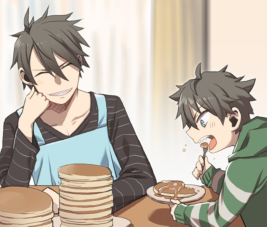 1boy akuno_hideo akuno_hideo's_brother apron brothers brown_hair eating food fork hood hoodie idolmaster idolmaster_side-m male_focus pancake plate pointy_hair sharp_teeth siblings sitting syrup table teeth wm_(chawoo1357)