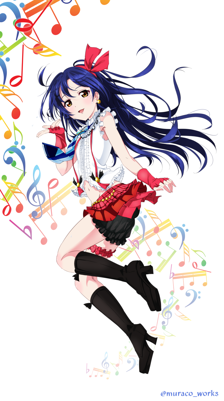 1girl armpit_peek bangs black_footwear blue_hair blue_neckwear blush bokura_wa_ima_no_naka_de boots commentary_request earrings eyebrows_visible_through_hair fingerless_gloves floating floating_hair full_body gloves hair_between_eyes highres jewelry leg_garter long_hair looking_at_viewer love_live! love_live!_school_idol_project muraco_shogo navel necktie open_mouth red_gloves skirt smile solo sonoda_umi striped_neckwear suspenders yellow_eyes