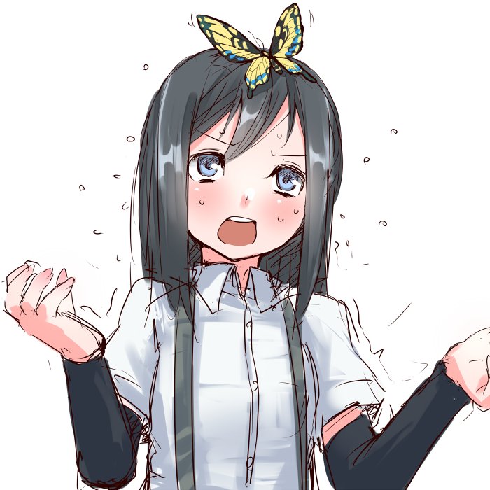 1girl animal animal_on_head arm_warmers asashio_(kantai_collection) black_hair blue_eyes butterfly butterfly_on_head flying_sweatdrops kantai_collection long_hair on_head open_mouth shirt short_sleeves simple_background solo soubi trembling upper_body white_background white_shirt