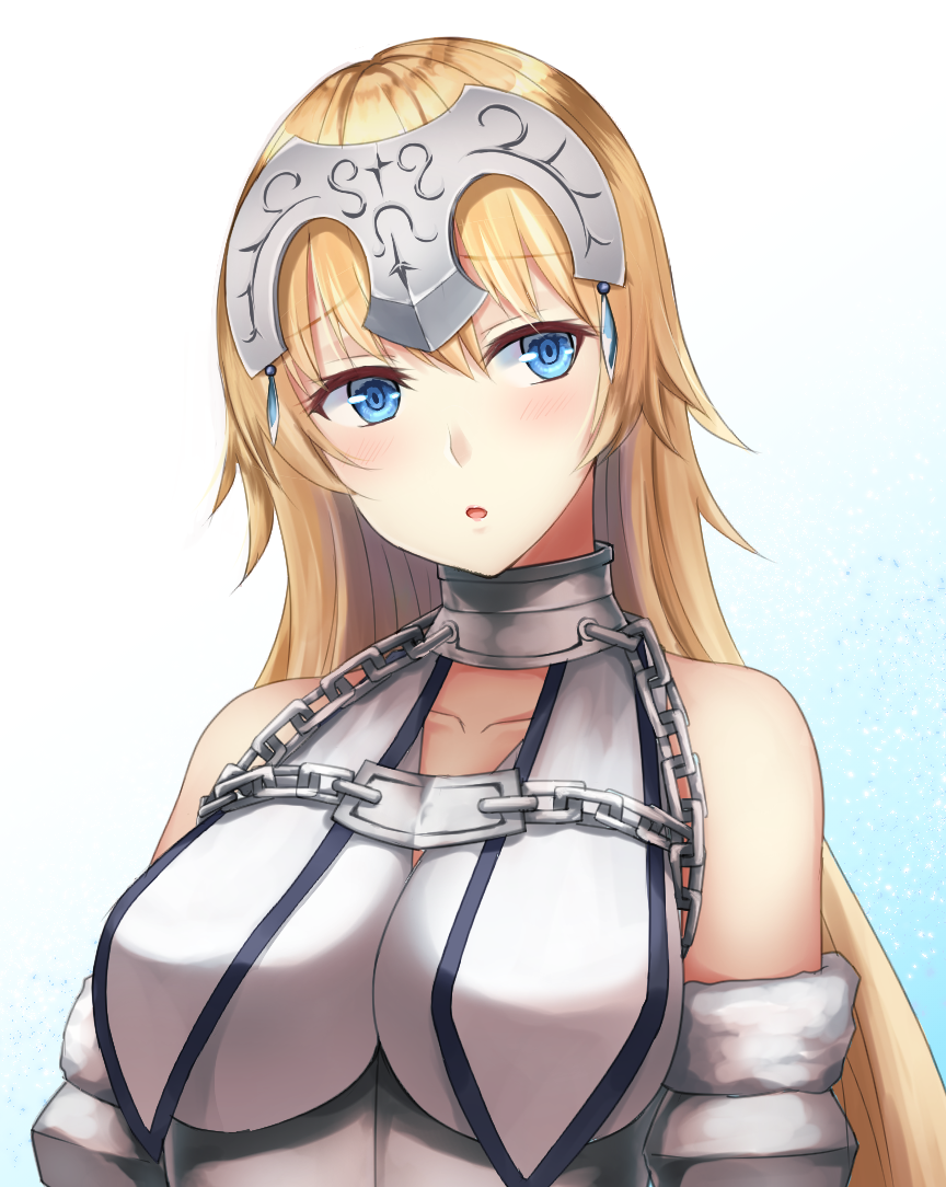 1girl :o alternate_hairstyle bangs bare_shoulders blonde_hair blue_eyes blush breasts chains collar collarbone corset detached_sleeves eyebrows fate/apocrypha fate_(series) fur-trimmed_sleeves fur_trim gem gradient gradient_background head_tilt headpiece impossible_clothes jeanne_d'arc_(fate) jeanne_d'arc_(fate)_(all) large_breasts long_hair looking_at_viewer medium_breasts open_mouth primamiya shiny shiny_hair solo straight_hair underbust upper_body very_long_hair white_background
