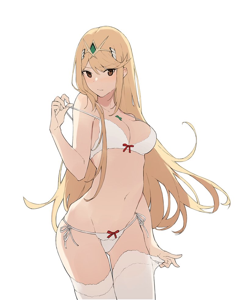 1girl aiko_(kanl) backlighting bangs blonde_hair bra breasts brown_eyes cleavage cowboy_shot gluteal_fold hairband mythra_(xenoblade) large_breasts long_hair looking_at_viewer navel panties side-tie_panties sidelocks solo strap_slip swept_bangs thigh-highs underwear underwear_only white_bra white_legwear white_panties xenoblade_2