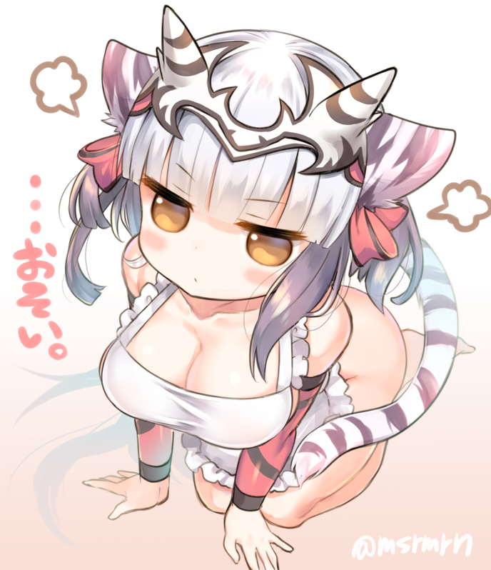 1girl animal_ears apron arm_support bangs bare_shoulders blunt_bangs blush_stickers breasts brown_eyes cleavage closed_mouth collarbone commentary_request eyebrows_visible_through_hair frilled_apron frills haku_(p&amp;d) kneeling looking_at_viewer marshmallow_mille medium_breasts naked_apron puzzle_&amp;_dragons sidelocks silver_hair solo striped_tail tail tiger_ears tiger_girl tiger_tail translation_request twitter_username two_side_up white_apron