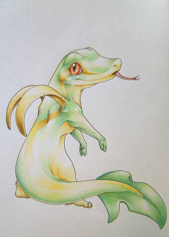 claws closed_mouth commentary commission endivinity full_body green_skin grey_background looking_at_viewer no_humans orange_eyes pokemon pokemon_(creature) pokemon_(game) pokemon_bw realistic simple_background smile snivy solo standing tongue tongue_out traditional_media