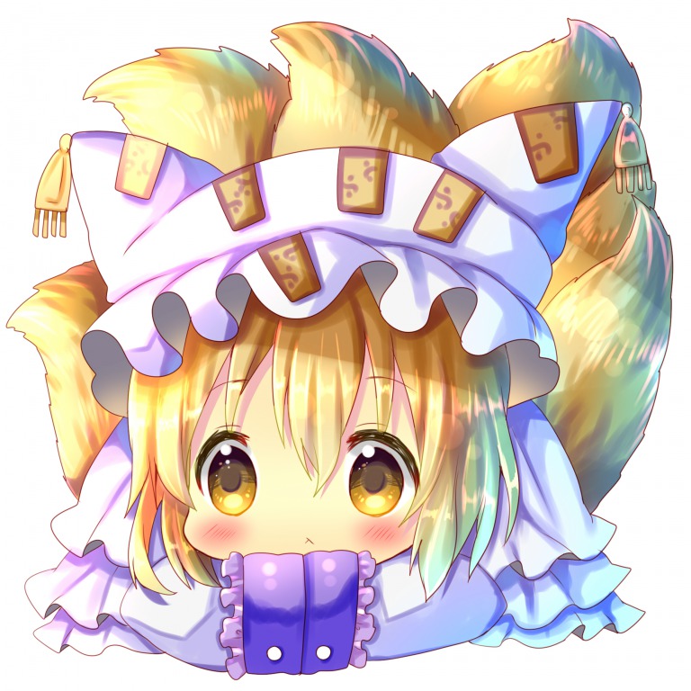 1girl :&lt; animal_ears bangs blonde_hair blush chibi chocolat_(momoiro_piano) closed_mouth commentary_request dress eyebrows_visible_through_hair fox_ears fox_girl fox_tail hair_between_eyes hands_in_sleeves hat kyuubi long_sleeves looking_away looking_to_the_side multiple_tails pillow_hat simple_background solo tail touhou white_background white_dress white_hat yakumo_ran yellow_eyes