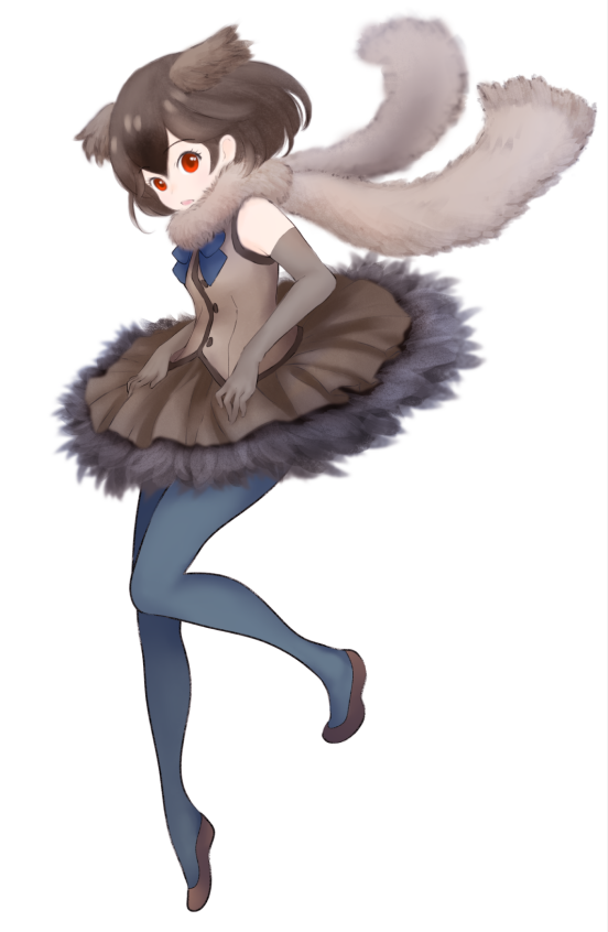 1girl bare_shoulders bird_wings bow bowtie brown_hair dress elbow_gloves emu_(kemono_friends) eyebrows_visible_through_hair flats gloves head_wings ise_(0425) kemono_friends pantyhose red_eyes scarf short_hair solo standing standing_on_one_leg wings